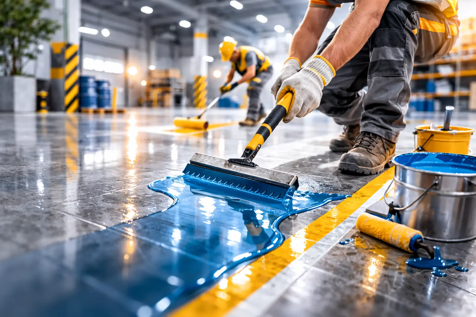 Устройство эпоксидного наливного пола в складском помещении с промышленной разметкой